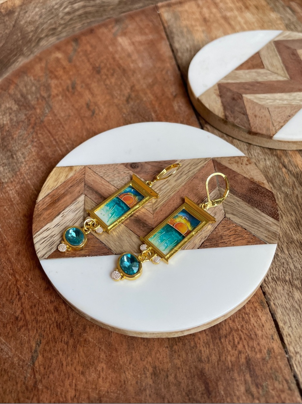 Gold-Plated Teal & Orange Sunset Drop Earrings
